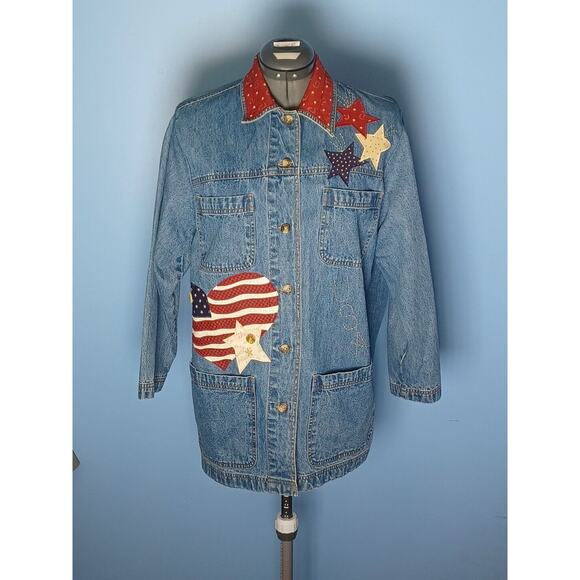 Cabin Creek Denim Chore Coat Womens Medium Americana Stars Hearts Red,White,Blue - Picture 8 of 12